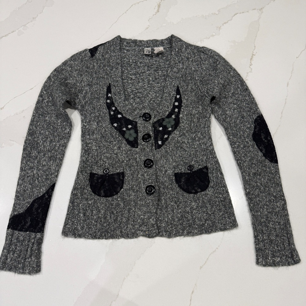 BKE Cardigan Sweater Women Small Gray Wool Blend Lace Floral Button Front V-Neck